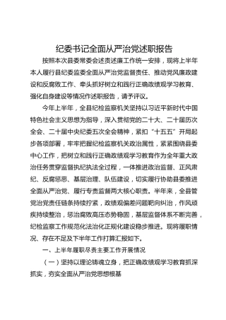 纪委书记全面从严治党述职报告