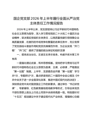 国企党支部2026年上半年履行全面从严治党主体责任工作情况报告
