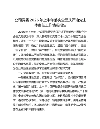 公司党委2026年上半年落实全面从严治党主体责任工作情况报告