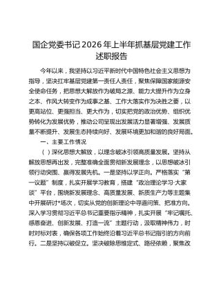 国企党委书记2026年上半年抓基层党建工作述职报告