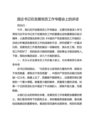 国企书记在发展党员工作专题会上的讲话