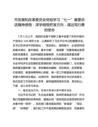市发展和改革委员会党组学习“七一”重要讲话精神感悟：深学细悟把准方向，谋远笃行勇担使命