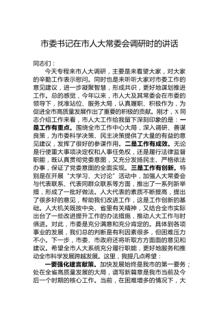 市委书记在市人大常委会调研时的讲话