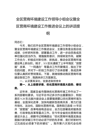 全区营商环境建设工作领导小组会议暨全区营商环境建设工作推进会议上的讲话提纲