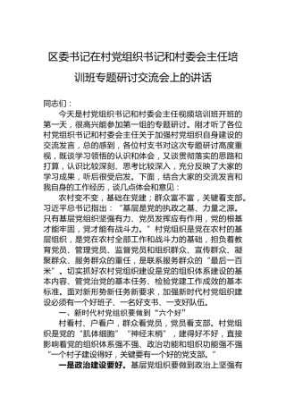 区委书记在村党组织书记和村委会主任培训班专题研讨交流会上的讲话