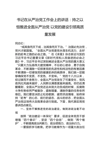 书记在从严治党工作会上的讲话：持之以恒推进全面从严治党以党的建设引领高质量发展