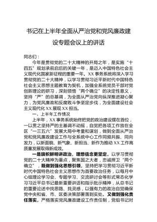 书记在上半年全面从严治党和党风廉政建设专题会议上的讲话