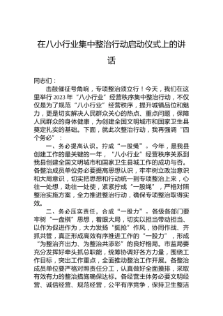 在八小行业集中整治行动启动仪式上的讲话