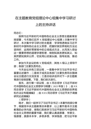在主题教育党组理论中心组集中学习研讨上的主持讲话
