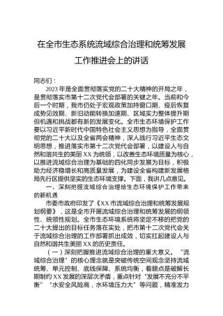 在全市生态系统流域综合治理和统筹发展工作推进会上的讲话