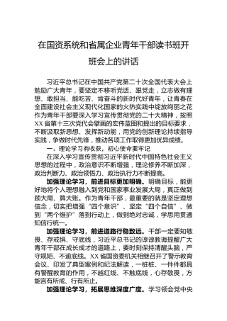 在国资系统和省属企业青年干部读书班开班会上的讲话