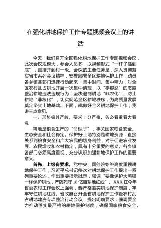 在强化耕地保护工作专题视频会议上的讲话