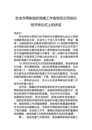 在全市两新组织党建工作指导员示范培训班开班仪式上的讲话
