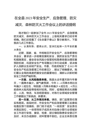 在全县2023年安全生产、应急管理、防灾减灾、森林防灭火工作会议上的讲话提纲