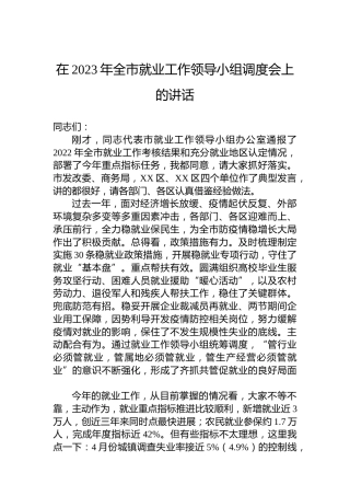 在2023年全市就业工作领导小组调度会上的讲话