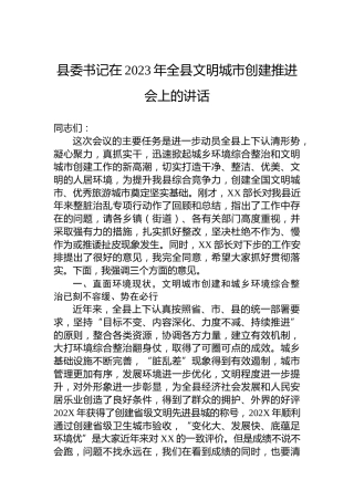 县委书记在2023年全县文明城市创建推进会上的讲话