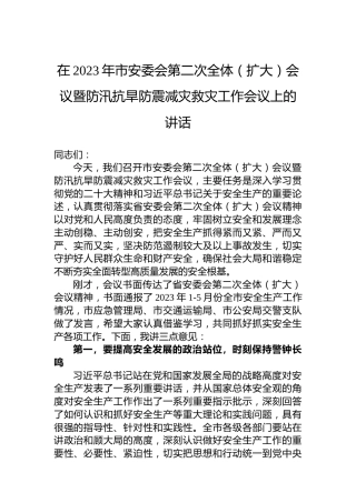 在2023年市安委会第二次全体（扩大）会议暨防汛抗旱防震减灾救灾工作会议上的讲话