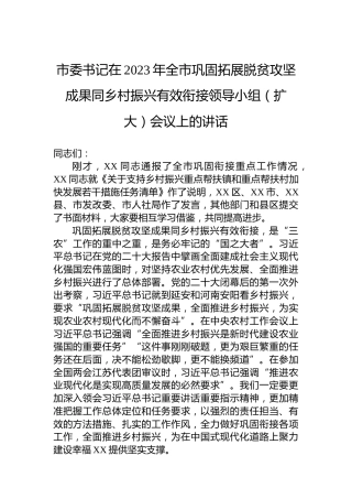 市委书记在2023年全市巩固拓展脱贫攻坚成果同乡村振兴有效衔接领导小组（扩大）会议上的讲话