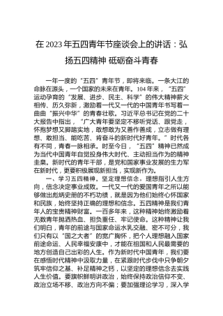 在2023年五四青年节座谈会上的讲话：弘扬五四精神砥砺奋斗青春