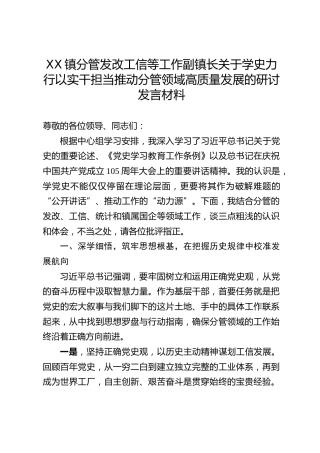 XX镇分管发改工信等工作副镇长关于学史力行以实干担当推动分管领域高质量发展的研讨发言材料