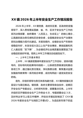 XX镇2026年上半年安全生产工作情况报告
