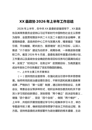 XX县政协2026年上半年工作总结