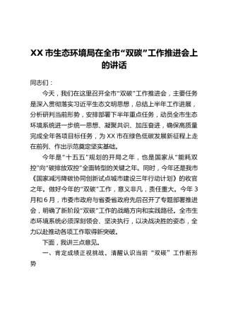 XX市生态环境局在全市“双碳”工作推进会上的讲话