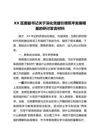 XX区委副书记关于深化党建引领筑牢发展根基的研讨发言材料