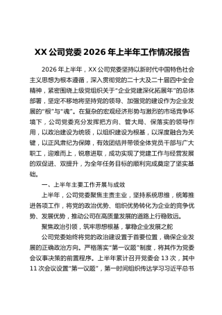 XX公司党委2026年上半年工作情况报告