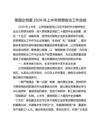 某国企党委2026年上半年思想政治工作总结