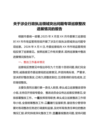关于涉企行政执法领域突出问题专项巡察整改进展情况的报告