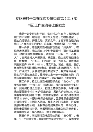 专职驻村干部在全市乡镇街道党（工）委书记工作交流会上的发言
