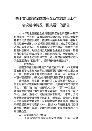关于贯彻落实全国国有企业党的建设工作会议精神情况“回头看”的报告
