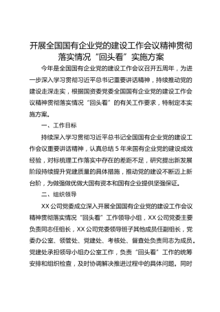 国有企业党的建设工作会议精神贯彻落实情况“回头看”实施方案