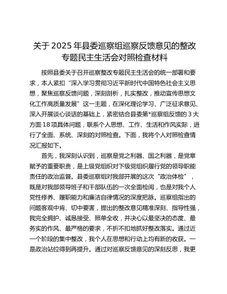县委巡察组巡察反馈意见的整改专题民主生活会对照检查材料