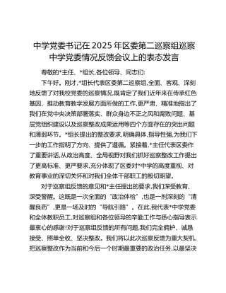 中学学校书记在2025年区委第二巡察组巡察中学党委情况反馈会议上的表态发言