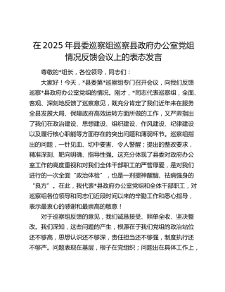 县委巡察组巡察县政府办公室党组情况反馈会议上的表态发言