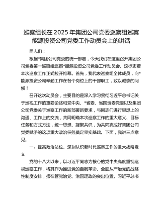 巡察组长在公司党委巡察组巡察能源投资公司党委工作动员会上的讲话