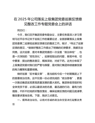 公司落实上级党委巡察反馈意见整改工作专题党委会上的讲话