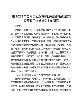 公司党委巡察整改成效评估反馈问题整改工作推进会上的讲话