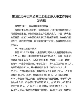 公司党委书记向巡察组汇报组织人事工作情况报告（总结）