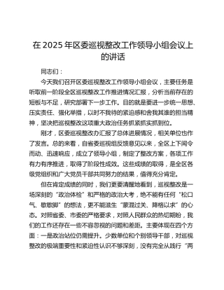 区委巡视整改工作领导小组会议上的讲话