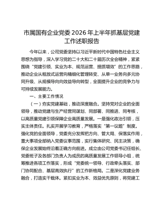市属国有企业党委2026年上半年抓基层党建工作述职报告