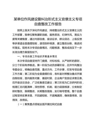 某单位作风建设暨纠治形式主义官僚主义专项自查整改工作报告