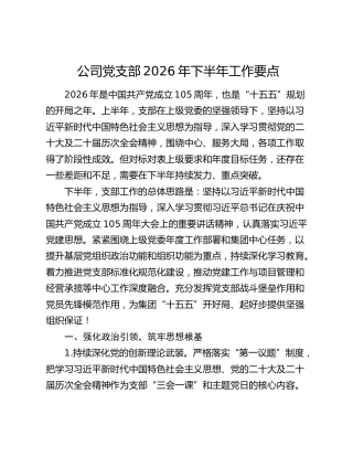 公司党支部2026年下半年工作要点