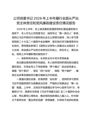 公司党委书记2026年上半年履行全面从严治党主体责任和党风廉政建设责任情况报告