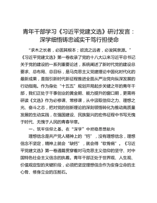 青年干部学习《习近平党建文选》研讨发言：深学细悟铸忠诚 实干笃行担使命
