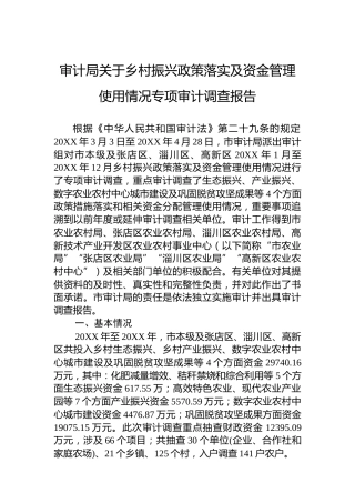 审计局关于乡村振兴政策落实及资金管理使用情况专项审计调查报告
