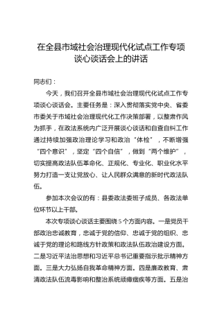在全县市域社会治理现代化试点工作专项谈心谈话会上的讲话