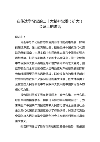 在传达学习党的二十大精神党委（扩大）会议上的讲话